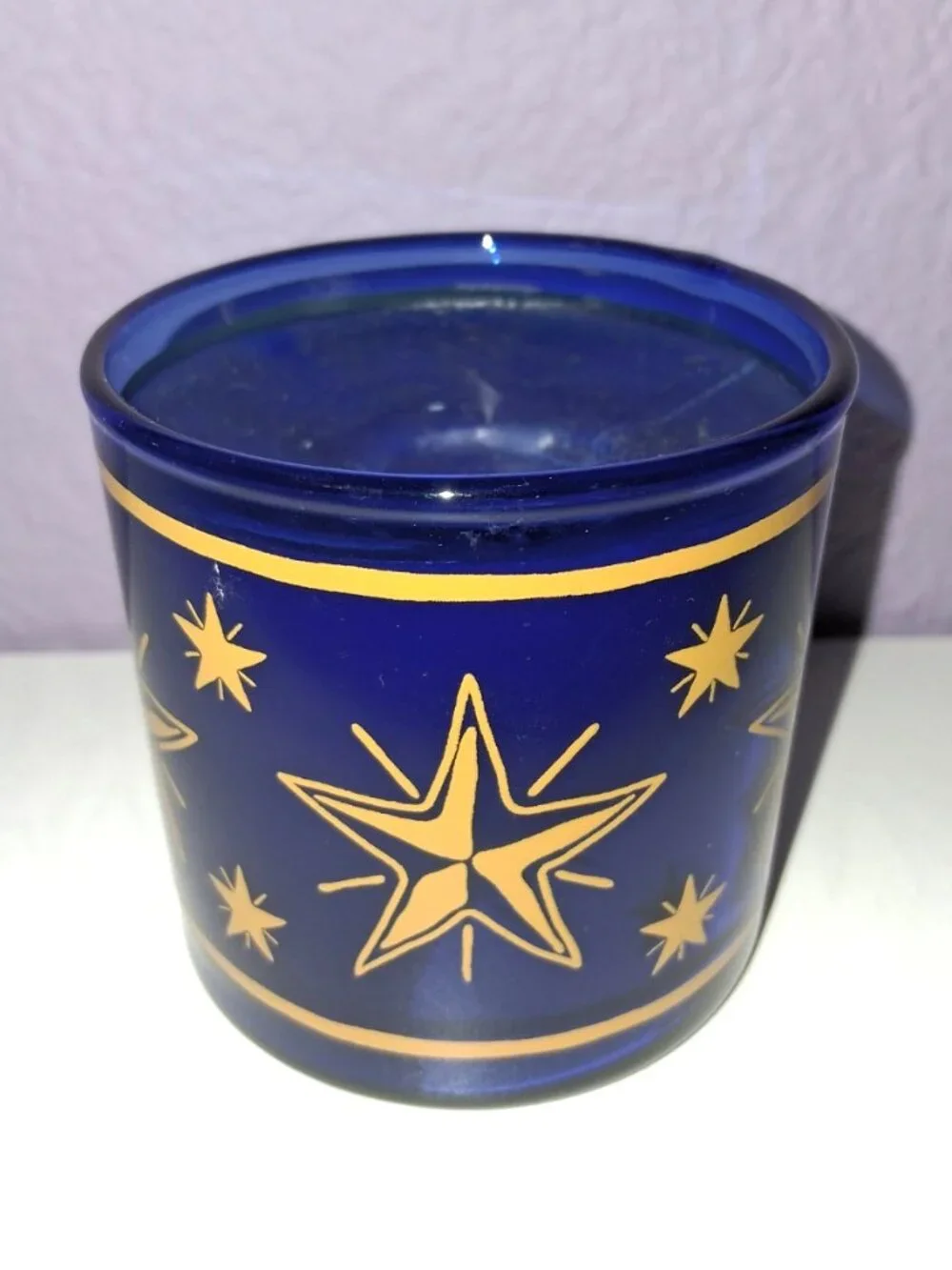 Vintage Celestial Stars Blue Glass Single Wick Candle Gold Yellow Goth Boho 90s